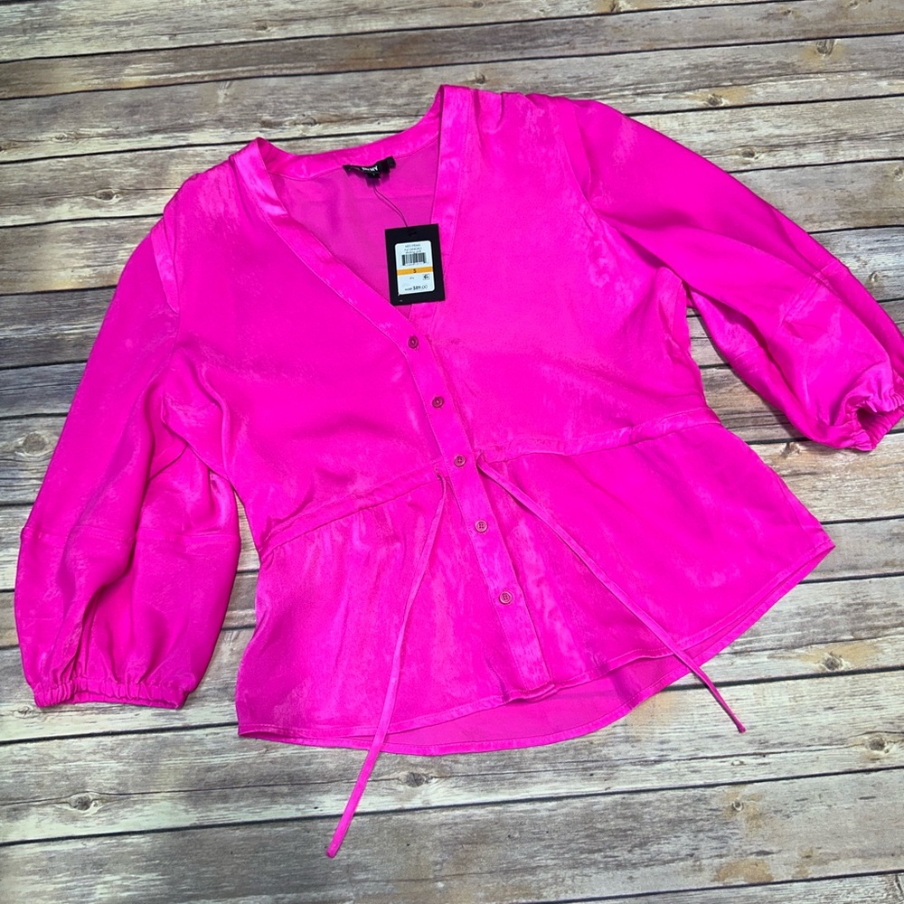 DKNY Women's Pink Satin 3/4-Sleeve Peplum Top Shocking Pink Size S - Picture 2 of 5